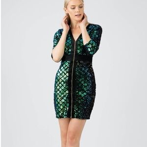 Missi London Sequin & Velvet Full Zip 3/4 Sleeve Dress